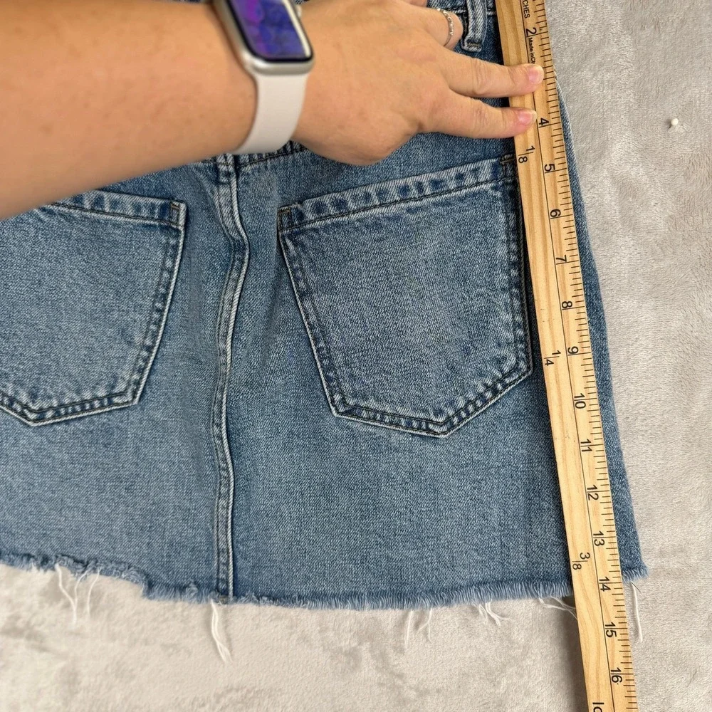 We The Free Free People Denim Mini Skirt Blue Front Zip Raw‎ Hem Size 26